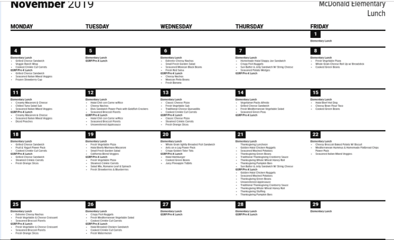 Lunch Menu | McDonald Elementary School