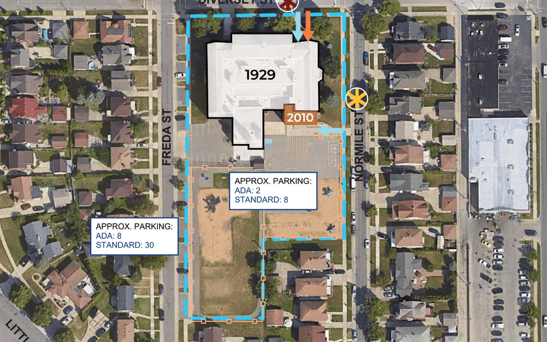 An illustration showing the original part of McDonald Elementary built in 1929 and an addition in 2010.